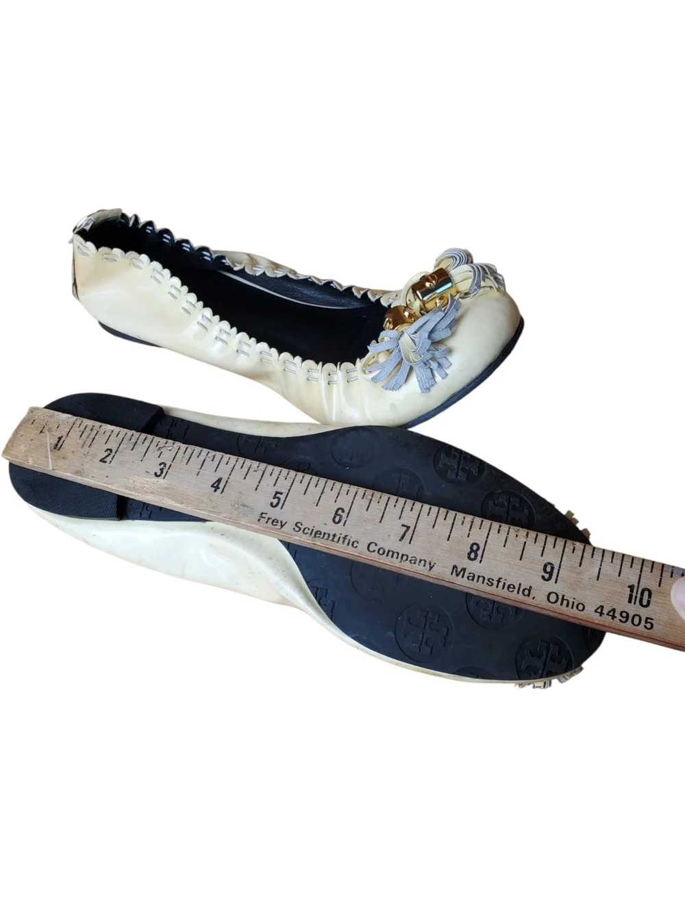 Tory Burch Cream Patent Leather Tassel Ballet Flats with Gold Logo